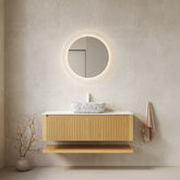HIZON 48" Bathroom Vanity&Sink, Floating Plywood Bathroom Storage Cabinet with Drawers&Open Shelf, Marble Pattern Ceramic Basin&White Sintered Stone Top, Pre-assembled, Corolla Oak Woodgrain Color