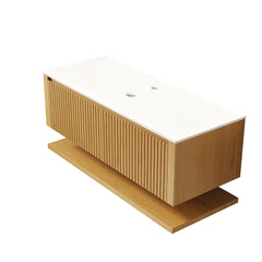 HIZON 48" Wall-Mounted Corolla Oak Woodgrain Plywood Bathroom Storage Cabinet with Drawer and Shelf, White Sintered Stone Countertop, NO Basin, NO Faucet and Sink Cover