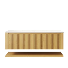 HIZON 48" Wall-Mounted Corolla Oak Woodgrain Plywood Bathroom Storage Cabinet with Drawer and Shelf, White Sintered Stone Countertop, NO Basin, NO Faucet and Sink Cover