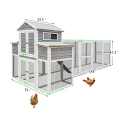 150" Extra Large Chicken Coop – Outdoor Wooden Hen House with Black Rust-Proof Metal Wire, 2 Nesting Boxes, 5 Perches for Poultry, Secure and Durable Chicken Cage