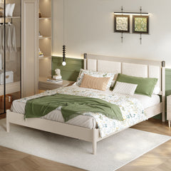 Solid Wood King Bed, Heavy Duty 600 lbs Support, No Box Spring Needed, Grey Upholstered Headboard with Metal Handles