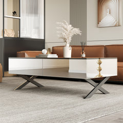 Rectangular Mirror Coffee Table for Living Room with Storage and Metal Base, 2 drawers, Black High Gloss Top, 47.3"