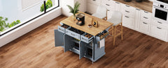 K&K 54inch Large Kitchen Island with Rubber Wood Drop Leaf, Embossed Texture Rolling Kitchen Cart on 4 Wheels with 4 Doors and 3 Drawers, Kitchen Island with Storage for Kitchen, Dining Room,Grey Blue