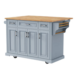 K&K 54inch Large Kitchen Island with Rubber Wood Drop Leaf, Embossed Texture Rolling Kitchen Cart on 4 Wheels with 4 Doors and 3 Drawers, Kitchen Island with Storage for Kitchen, Dining Room,Grey Blue