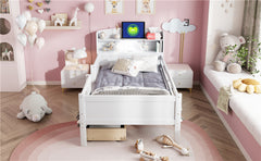 Wood Twin Size Platform Bed with Built-in LED Light, Multi-functional Headboard, Guardrail and 2 Drawers, White