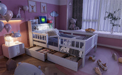 Wood Twin Size Platform Bed with Built-in LED Light, Multi-functional Headboard, Guardrail and 2 Drawers, White