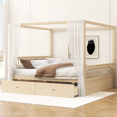Wooden Canopy Bed with Storage Drawers, King size, Natural