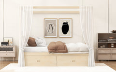 Wooden Canopy Bed with Storage Drawers, Queen size, Natual