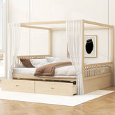 Wooden Canopy Bed with Storage Drawers, Queen size, Natual