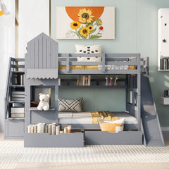 Full-Over-Full Castle Style Bunk Bed with 2 Drawers 3 Shelves and Slide - Gray