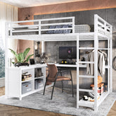 Metal Loft Bed with Wardrobe and L-shaped Desk, Queen Size Loft Bed with Storage Cubes and Shelves, Loft Bed for Kids Teens Adults, White