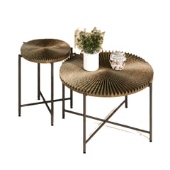 Radial Pattern 2-Piece Coffee and End Table Set – Waterproof MDF with PVC Cover, Distressed Cylindrical Design, Black Metal Legs – Classic Rustic Charm, Dark Walnut