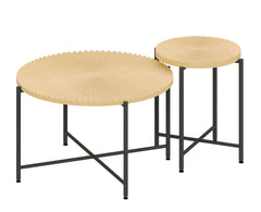 Radial Pattern 2-Piece Coffee and End Table Set – Waterproof MDF with PVC Cover, Distressed Cylindrical Design, Black Metal Legs – Classic Rustic Charm, Technical Wood