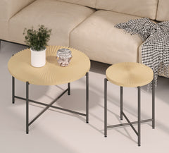 Radial Pattern 2-Piece Coffee and End Table Set – Waterproof MDF with PVC Cover, Distressed Cylindrical Design, Black Metal Legs – Classic Rustic Charm, Technical Wood