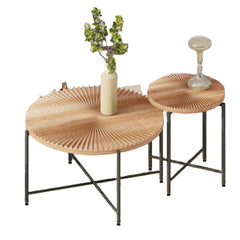 Radial Pattern 2-Piece Coffee and End Table Set – Waterproof MDF with PVC Cover, Distressed Cylindrical Design, Black Metal Legs – Classic Rustic Charm, Red Cedar-Brown