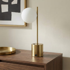 Ethereal Modern Small Brass Metal Table Lamp with White Glass Globe Shade, Elegant Desk Lamp Fixture 22"H x 9.3"W x 5.8"D for Living Room, Desk Lamps for Office Reading