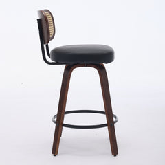 Set of 2 Counter Height Bar Stools - 26 inch Rattan Counter Height Stools with Cane Back, Upholstered Seat, Walnut Craftsmanship, Swivel Counter Stools for Island/Kitchen/Counter/Bar (Walnut Black)
