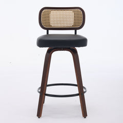 Set of 2 Counter Height Bar Stools - 26 inch Rattan Counter Height Stools with Cane Back, Upholstered Seat, Walnut Craftsmanship, Swivel Counter Stools for Island/Kitchen/Counter/Bar (Walnut Black)