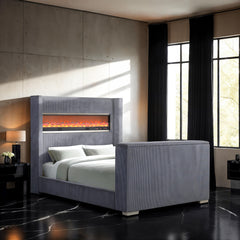 Gray Color 1pc Queen Size Bed Wing back Design Headboard Bedroom Furniture TV Lift Footboard Contemporary Style