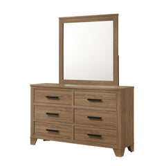 Dresser W Mirror Walnut Color Six Drawers Black Bar Pulls Transitional Style Bedroom Wooden