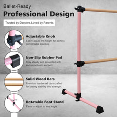 6FT Pink Solid Wood Ballet Barre With Adjustable Range Of 6.7-46 Inches For Dance Practice