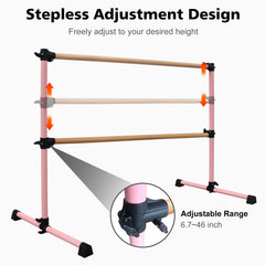 6FT Pink Solid Wood Ballet Barre With Adjustable Range Of 6.7-46 Inches For Dance Practice
