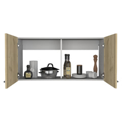 Wall cabinet 19"H, two Doors, two internal Shelves, White / Light Oak