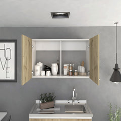 Wall cabinet 19"H, two Doors, two internal Shelves, White / Light Oak