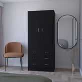 FM FURNITURE Prescott Armoire, with 2 doors, 3 drawers and 1 hanging rod, Black