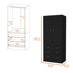 FM FURNITURE Prescott Armoire, with 2 doors, 3 drawers and 1 hanging rod, Black