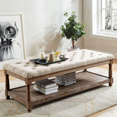 Rustic Style Bench With Bottom Open Storage And Button Tufted, Beige