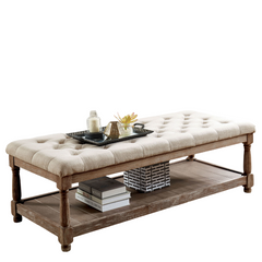 Rustic Style Bench With Bottom Open Storage And Button Tufted, Beige