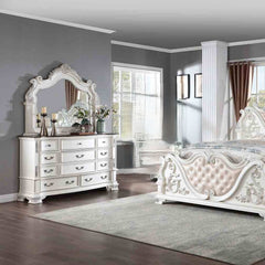 Luxury White 1pc Dresser Dovetail Drawers Genuine Marble Top Bronze Round Knob and Hanging Pulls Bedroom