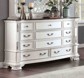 Luxury White 1pc Dresser Dovetail Drawers Genuine Marble Top Bronze Round Knob and Hanging Pulls Bedroom