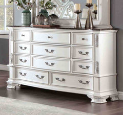 Luxury White 1pc Dresser Dovetail Drawers Genuine Marble Top Bronze Round Knob and Hanging Pulls Bedroom