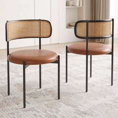 Dining Chairs Set of 4, PU Leather Upholstered Seat with Woven Rattan Back, Sturdy Metal Legs Modern Side Chairs for Kitchen Living Room Restaurant