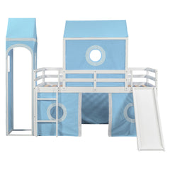 Twin Size Loft Bed with Slide Pink Tent and Tower - Blue