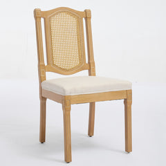 Solid Wood Rattan-Back Dining Chair, Matte Linen Cushion with High-Resilience Foam & S-Springs, Perfect for Rustic/Natural Style Dining Room, Café with Classic & Durable Design,Beige,Set of 2,SW1874BG