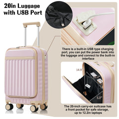 Luggage Set of 3, 20inch with USB Port, front opening design Airline Certified Carry on Luggage, ABS Hard Shell Luggage with Spinner Wheels,Light Pink