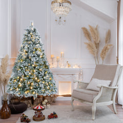 4FT Prelit Flocked Christmas Tree with Pine Needles & Eucalyptus Leaves, 150 Warm White LED Lights, 404 Tips, Hinged Branches, Metal Stand – Snowy Artificial Tree for Holiday Decor