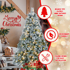 4FT Prelit Flocked Christmas Tree with Pine Needles & Eucalyptus Leaves, 150 Warm White LED Lights, 404 Tips, Hinged Branches, Metal Stand – Snowy Artificial Tree for Holiday Decor