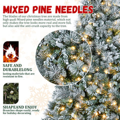 4FT Prelit Flocked Christmas Tree with Pine Needles & Eucalyptus Leaves, 150 Warm White LED Lights, 404 Tips, Hinged Branches, Metal Stand – Snowy Artificial Tree for Holiday Decor