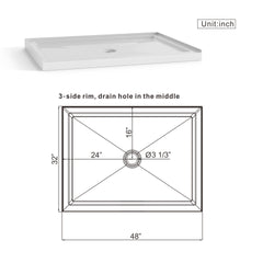 Goodyo 32"x48" Shower Base 3.4" Height Anti-slip Acrylic Center Drain Single Threshold Shower Base in White