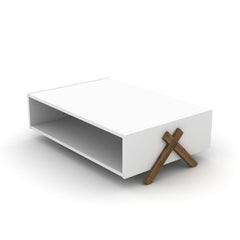 HT Design Kipp Cross Legs Wooden Frame Rectengular Coffee Table for Living Rooms with Interior Shelving, Walnut/White