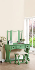 Unique Modern Bedroom Vanity Set w Stool Foldable Mirror Drawers Apple Green Color MDF Veneer 1pc Vanity Furniture