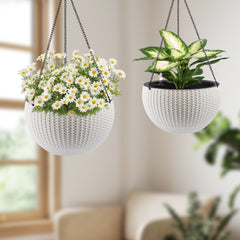 13.4 inch Self-Watering Hanging Rattan-Inspired Planter Large Capacity, Root-Rot Resistant Water Storage with Water Level Indicator, Dual-Use for Indoor & Balcony Decoration (Pack of 2, White)
