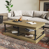 55.1" Wood Coffee Table with Black Legs, 2 Open Storage Shelves, Modern Living Room Table, Brown