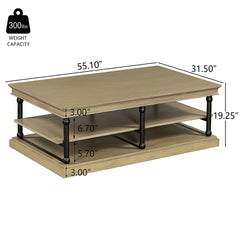 55.1" Wood Coffee Table with Black Legs, 2 Open Storage Shelves, Modern Living Room Table, Brown