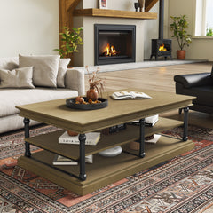 55.1" Wood Coffee Table with Black Legs, 2 Open Storage Shelves, Modern Living Room Table, Brown