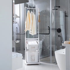 2-Tier Laundry Hamper Sorter with Hanging Bar, Rolling Laundry Baskets with Wheels Removable, Stackable Laundry Cart Organizer and Storage for Small Space, Dorm, Closet, Bathroom